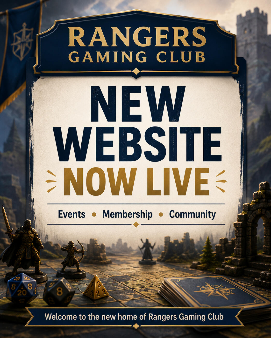 Image of a new website depicting a table with dice, miniatures, and cards